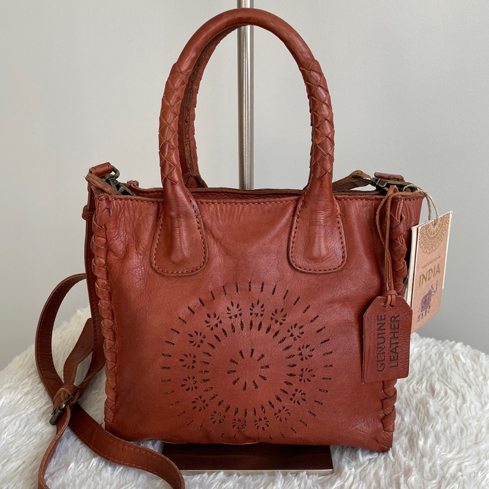 Genuine Leather Burnt Orange Tote Bag with Perforated Detail